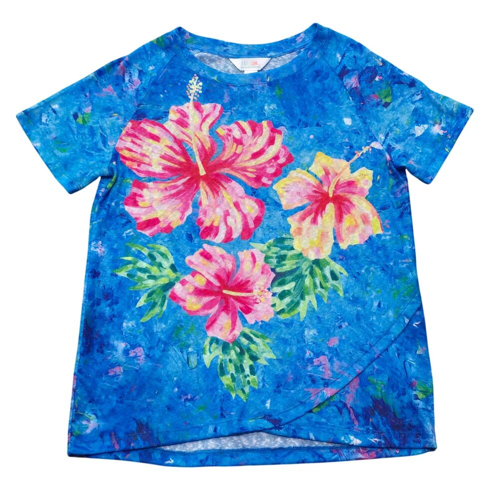 Art & Sol Tropical Pink & Yellow Hibiscus Floral Short Sleeve Crew Neck Shirt